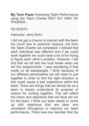My Term Paper Improving Team Performance using the Team Charter MGT 521...