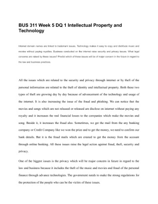 BUS 311 Week 5 DQ 1 Intellectual Property and Technology  Technology...