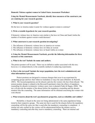 Domestic Violence against women in United States Assessment Worksheet