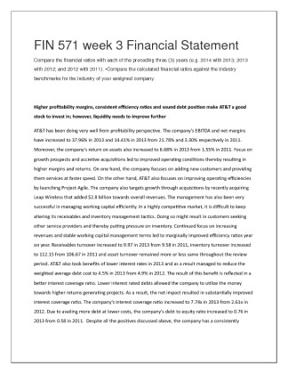 FIN 571 week 3 Financial Statement AT&T  Compare the financial ratios...