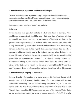 Limited Liability Corporation and Partnership Paper