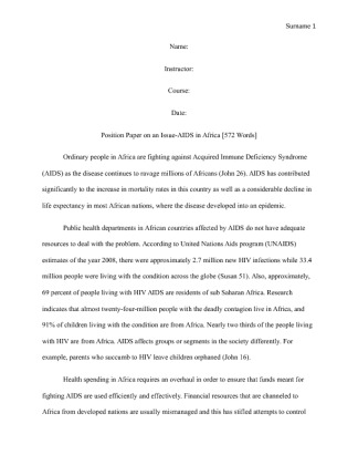  Position Paper on an Issue AIDS in Africa [572 Words]