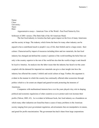  Argumentative Essays   American View of the World   Fast Food Nation...