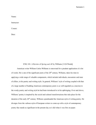  ENG 101  A Review of Spring and All by Williams [1124 Words]