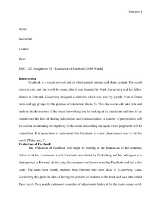  ENG 1023 Assignment #2   Evaluation of Facebook [1660 Words]