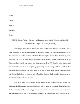  ENG 111 Writing Project 1 Summary and Response Paper English...