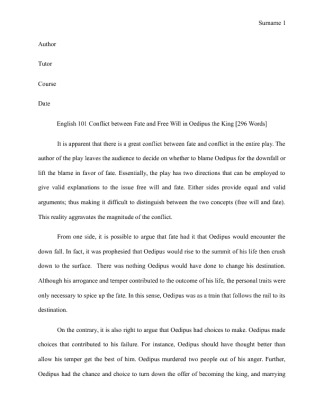  English 101 Conflict between Fate and Will in Oedipus the King [296 Words]