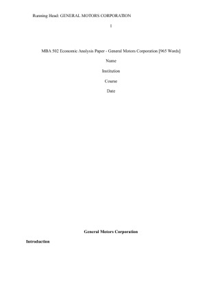  MBA 502 Economic Analysis Paper   General Motors Corporation [965 Words]