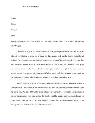  Poetry Explication Essay   Not Waving but Drowning   Barbie Doll   To...