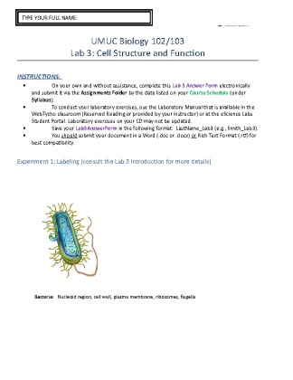  UMUC Biology 102/103 Lab 3: Cell Structure and Function