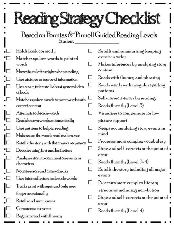Reading Strategy Checklist Based on Fountas and Pinnell