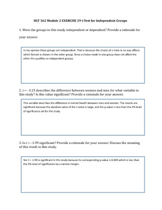 HLT 362 Module 2 Exercise 29 t Test for Independent Groups [2015...