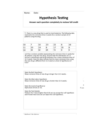 HLT-362V Week 3 Benchmark - Hypothesis Testing Excel Worksheet