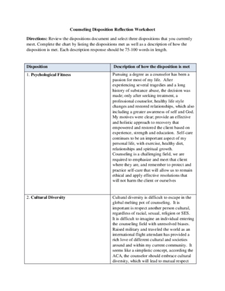 PCN 505 Week 1 Counseling Disposition Reflection Worksheet