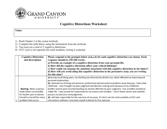 PHI 105 Week 3 Cognitive Distortions Worksheet