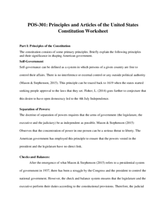 Principles and Articles of the United States Constitution Worksheet