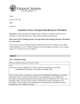 UNV 104 Week 3 Expository Essay   Incorporating Resources Worksheet