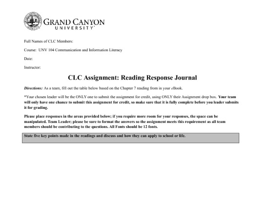 UNV 104 Week 7 CLC Assignment   Reading Response Journal